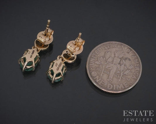 10k Yellow Gold Natural Emerald & Diamond Dangle Ladies Earrings 2.2g i18539