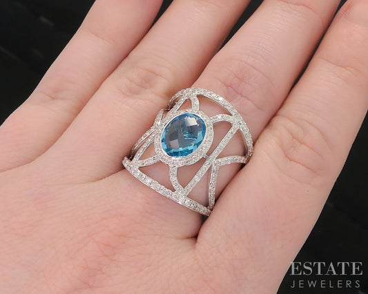 14k White Gold EFFY Oval Natural Blue Topaz & Diamond Ladies Ring 9.1g i18541