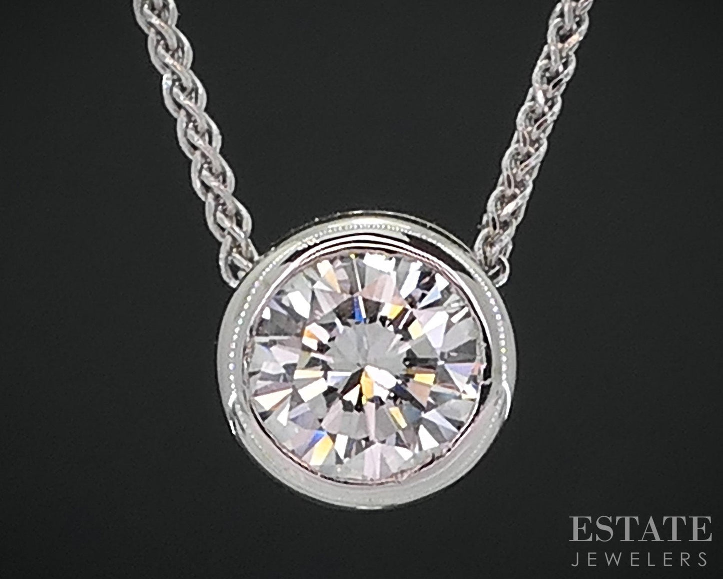 14k White Gold Round Natural .39ct Diamond Bezel Solitaire Necklace 2.5g i18578