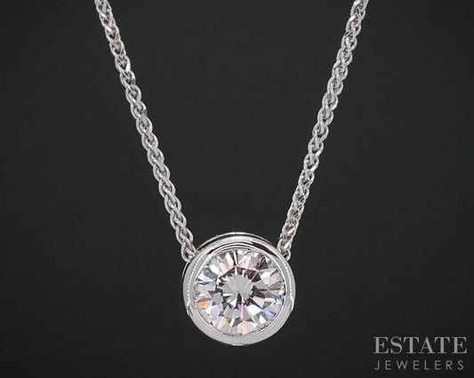 14k White Gold Round Natural .39ct Diamond Bezel Solitaire Necklace 2.5g i18578