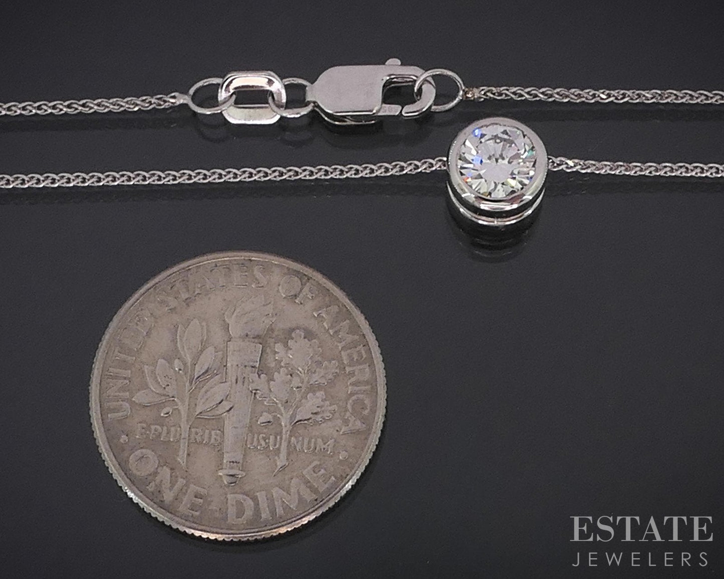 14k White Gold Round Natural .39ct Diamond Bezel Solitaire Necklace 2.5g i18578