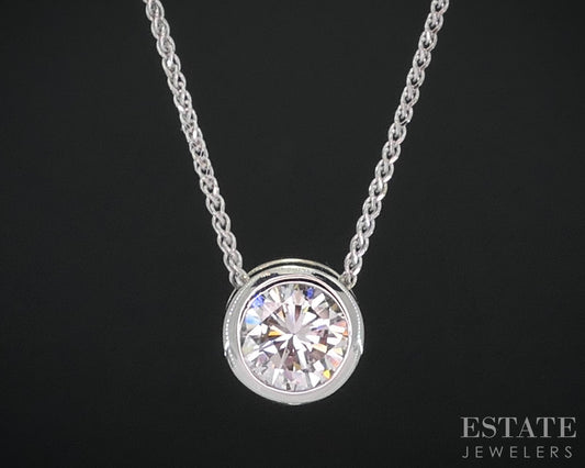 14k White Gold Round Natural .51ct Diamond Bezel Solitaire Necklace 2.6g i18579