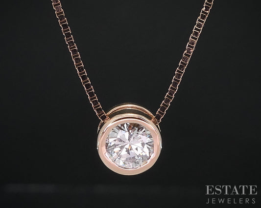 14k Rose Gold Round Natural .38ct Diamond Bezel Solitaire Necklace 3.2g i18580