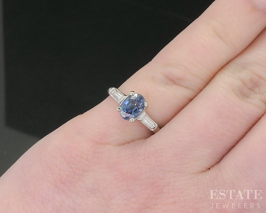 Vintage Platinum Oval Natural Blue Sapphire & Diamond Engagement Ring i18584