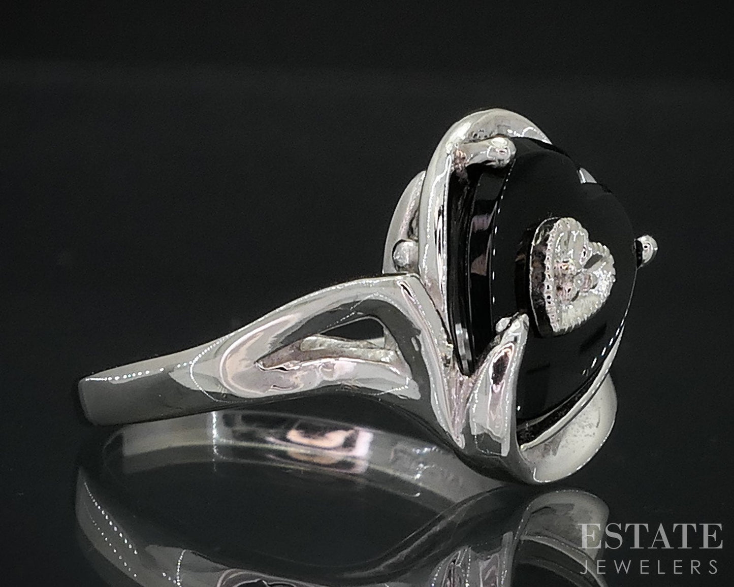 Vintage 10k White Gold Heart Natural Black Onyx & Diamond Ring 3.6g i18607b