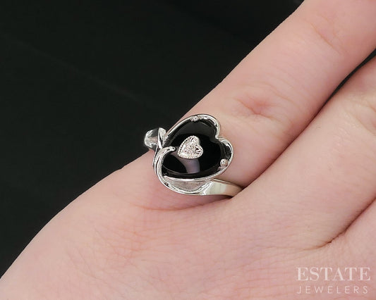 Vintage 10k White Gold Heart Natural Black Onyx & Diamond Ring 3.6g i18607b
