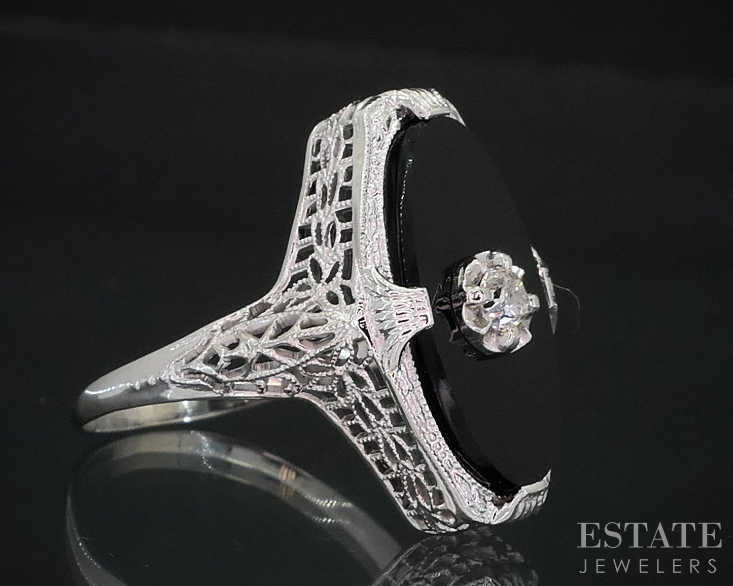 Antique 14k White Gold Natural Black Onyx & Diamond Filigree Ring 3.1g i18592b