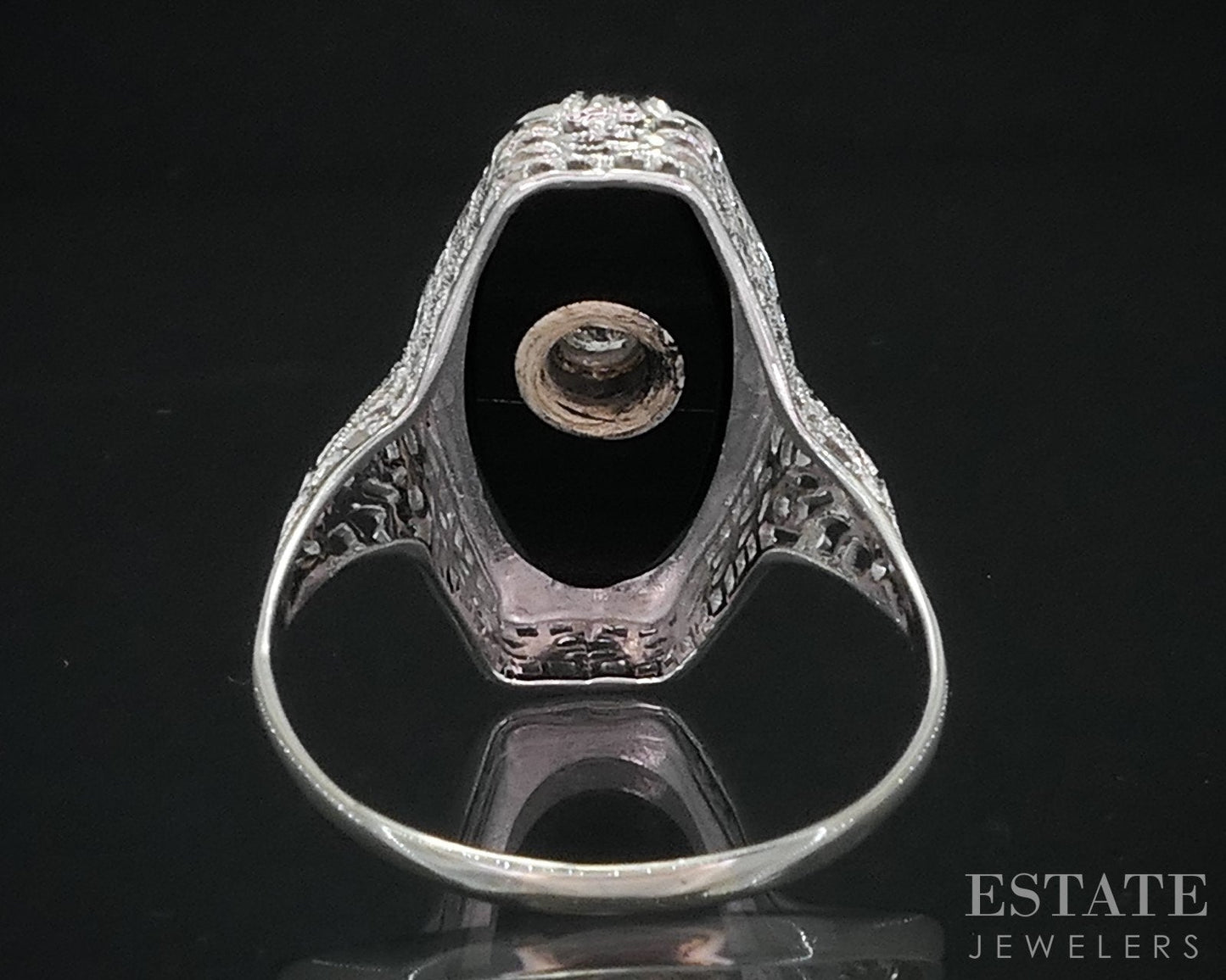 Antique 14k White Gold Natural Black Onyx & Diamond Filigree Ring 3.1g i18592b