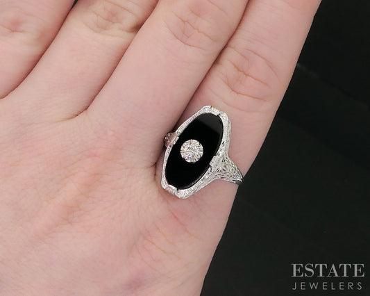 Antique 14k White Gold Natural Black Onyx & Diamond Filigree Ring 3.1g i18592b