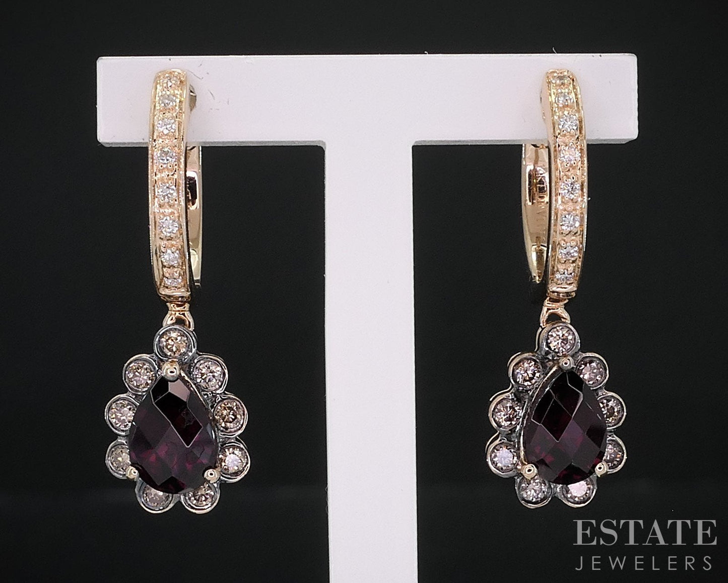 14k Strawberry Gold LeVian Natural Rhodolite Garnet & Diamond Earrings 5g i18642