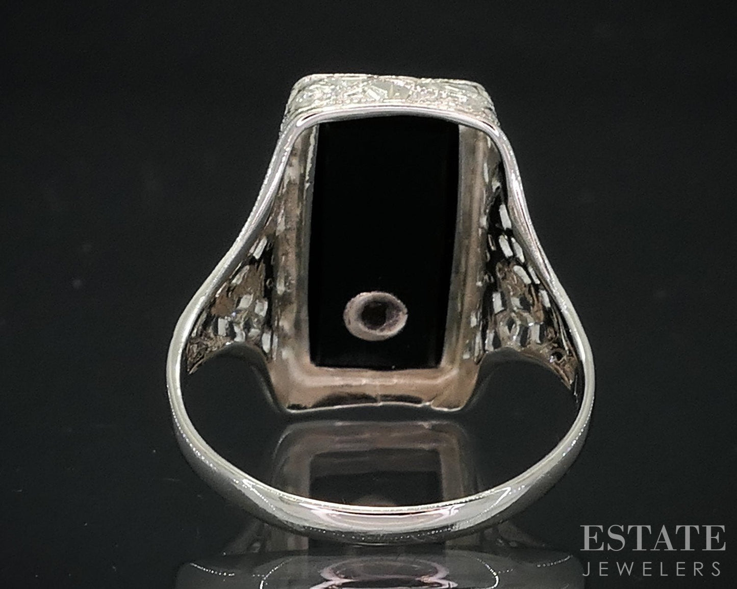 Antique 14k White Gold Natural Black Onyx & Diamond Filigree Ring 2.5g i18650