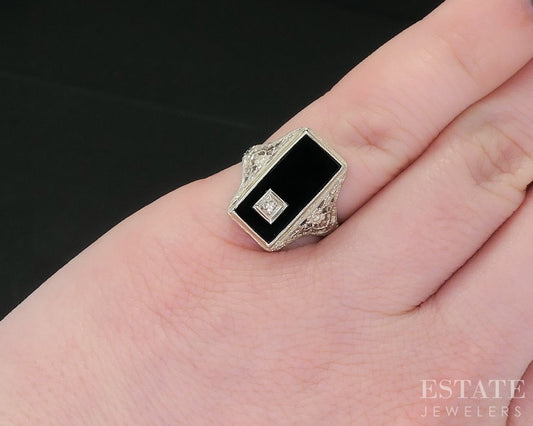 Antique 14k White Gold Natural Black Onyx & Diamond Filigree Ring 2.5g i18650