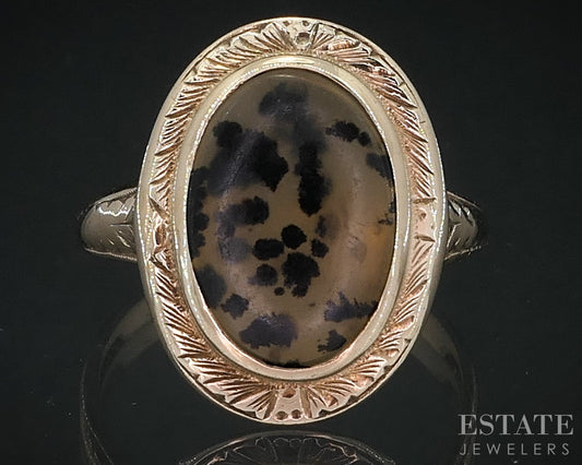 Antique Victorian 10k Yellow Gold Natural Spotted Moss Agate Ring 3.8g i18638