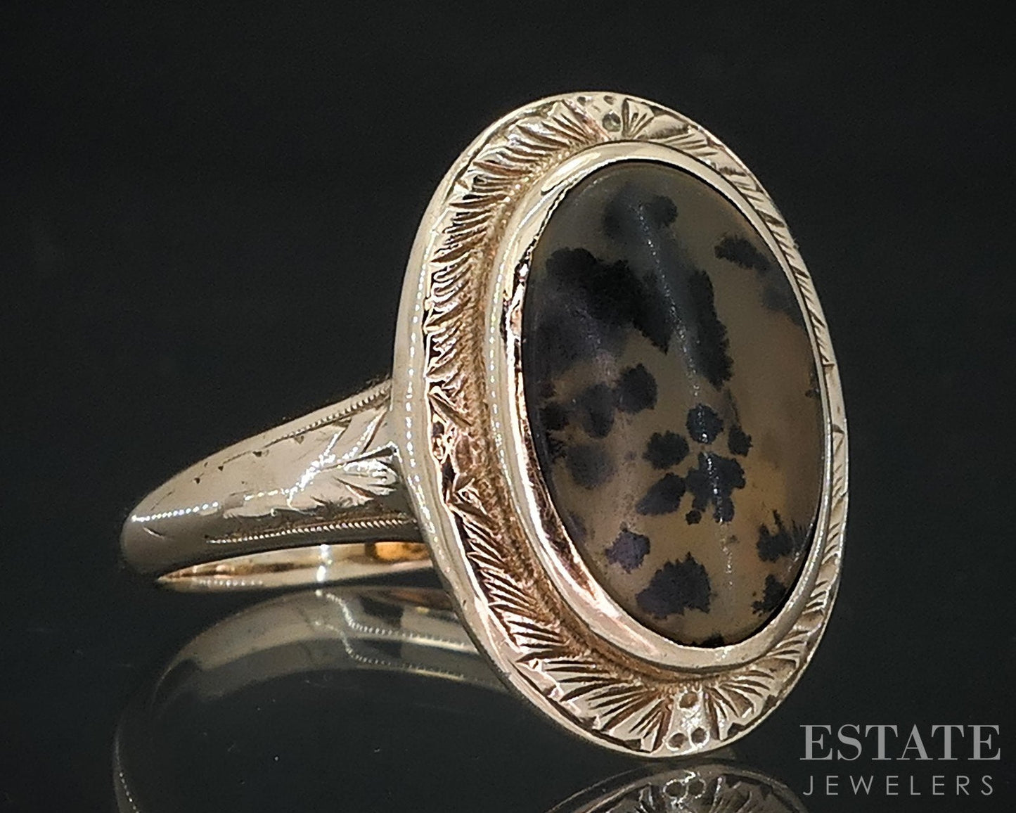 Antique Victorian 10k Yellow Gold Natural Spotted Moss Agate Ring 3.8g i18638