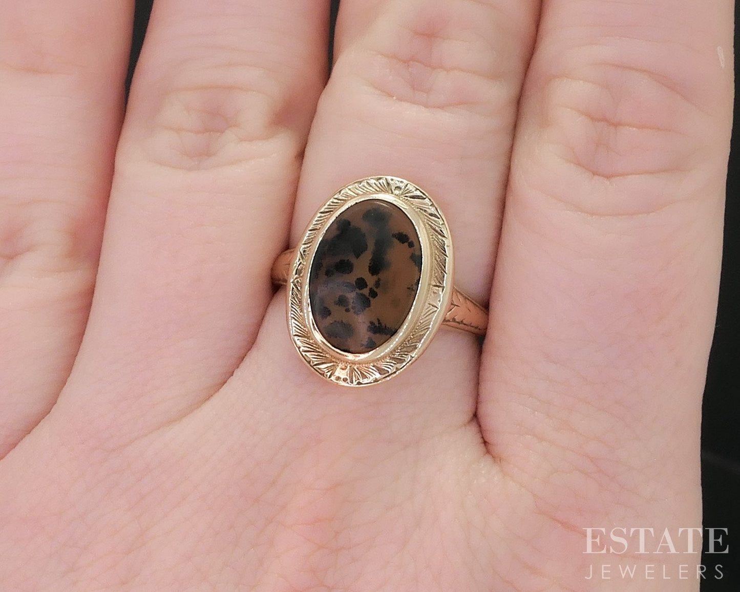 Antique Victorian 10k Yellow Gold Natural Spotted Moss Agate Ring 3.8g i18638