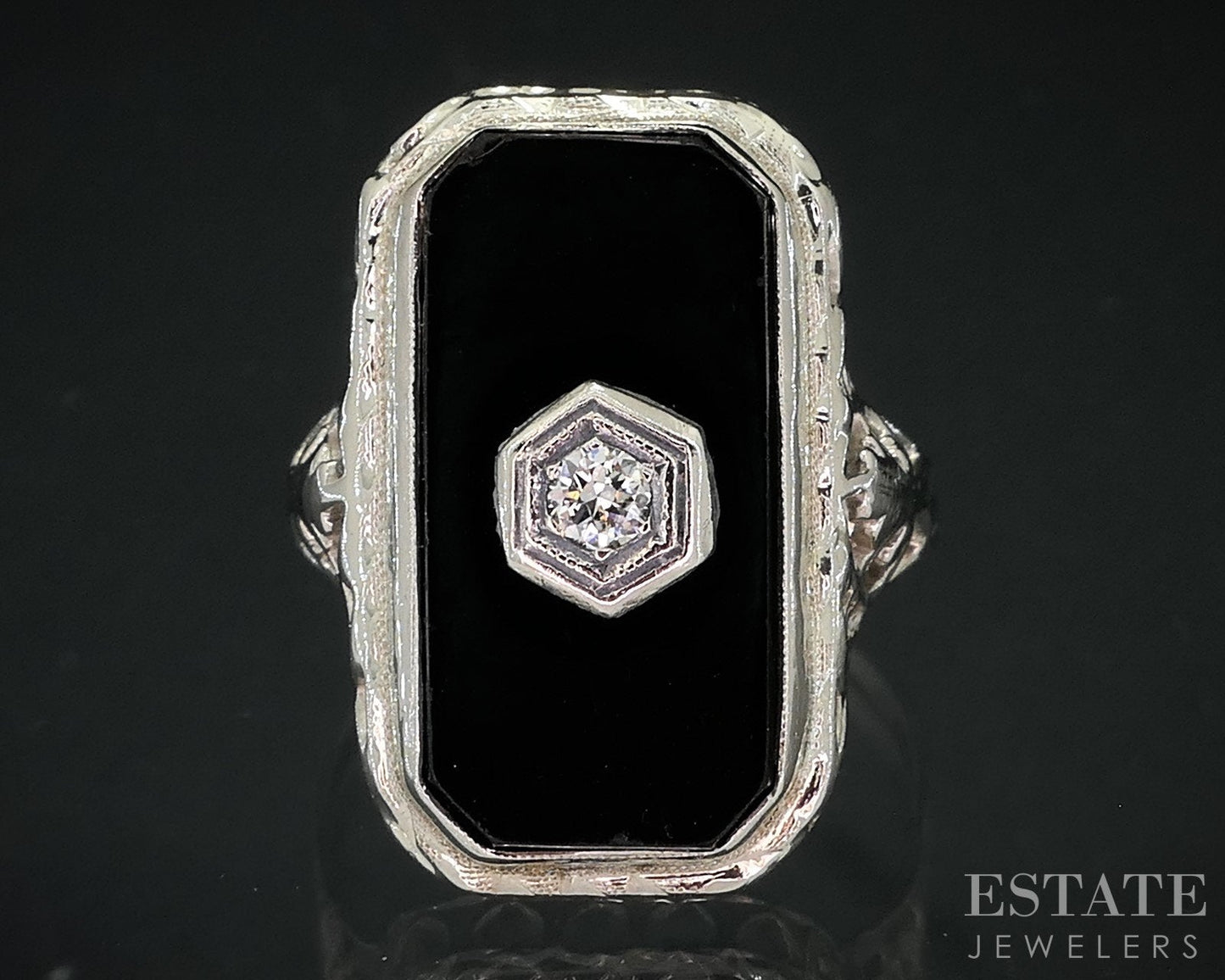 Antique 14k White Gold Natural Black Onyx & Diamond Filigree Ring 5g i18643