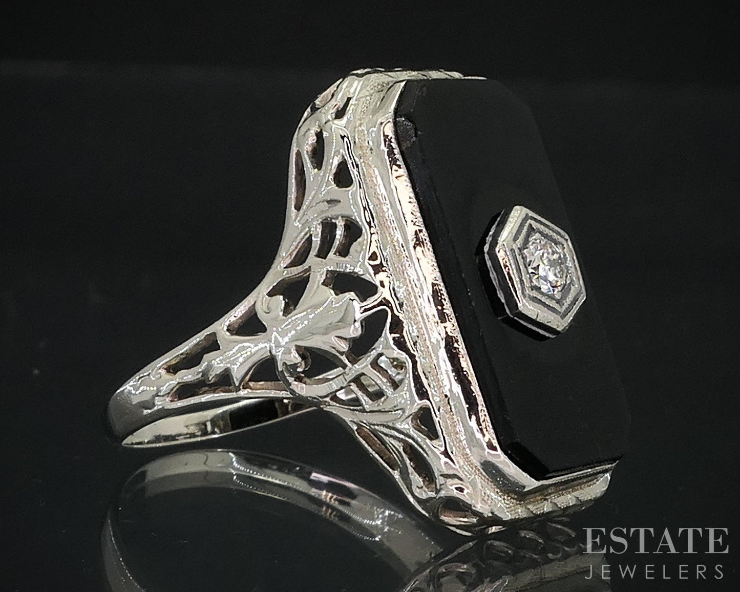 Antique 14k White Gold Natural Black Onyx & Diamond Filigree Ring 5g i18643