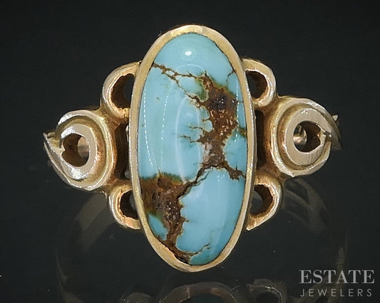 Antique Victorian 9k Yellow Gold Natural Turquoise Ladies Ring 2.6g i18639