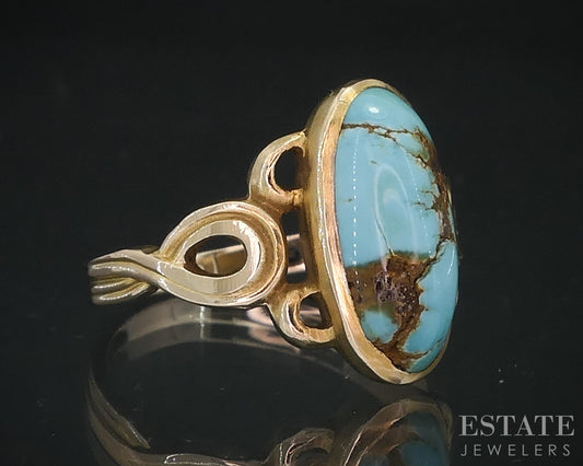 Antique Victorian 9k Yellow Gold Natural Turquoise Ladies Ring 2.6g i18639