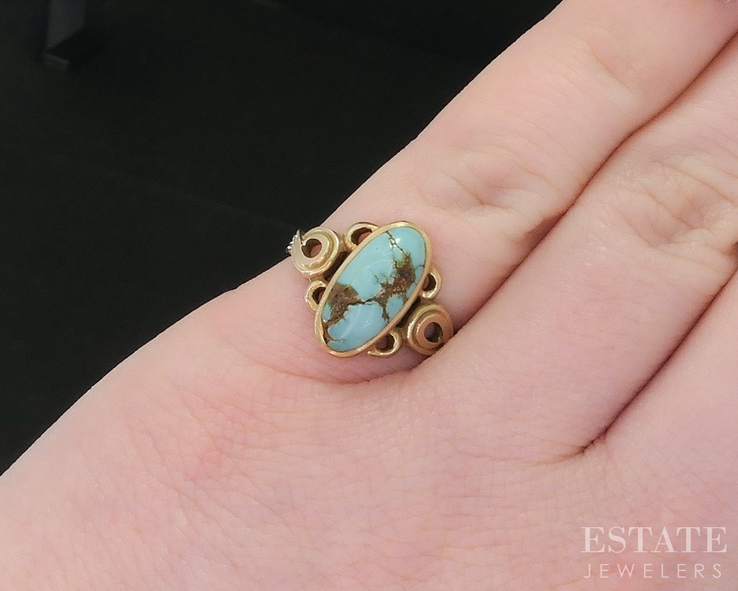 Antique Victorian 9k Yellow Gold Natural Turquoise Ladies Ring 2.6g i18639