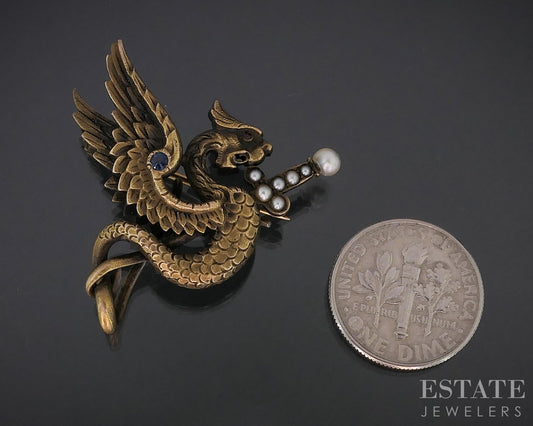 Antique Victorian 20k Yellow Gold Griffin Sword Pin Pendant 7.6g p78058