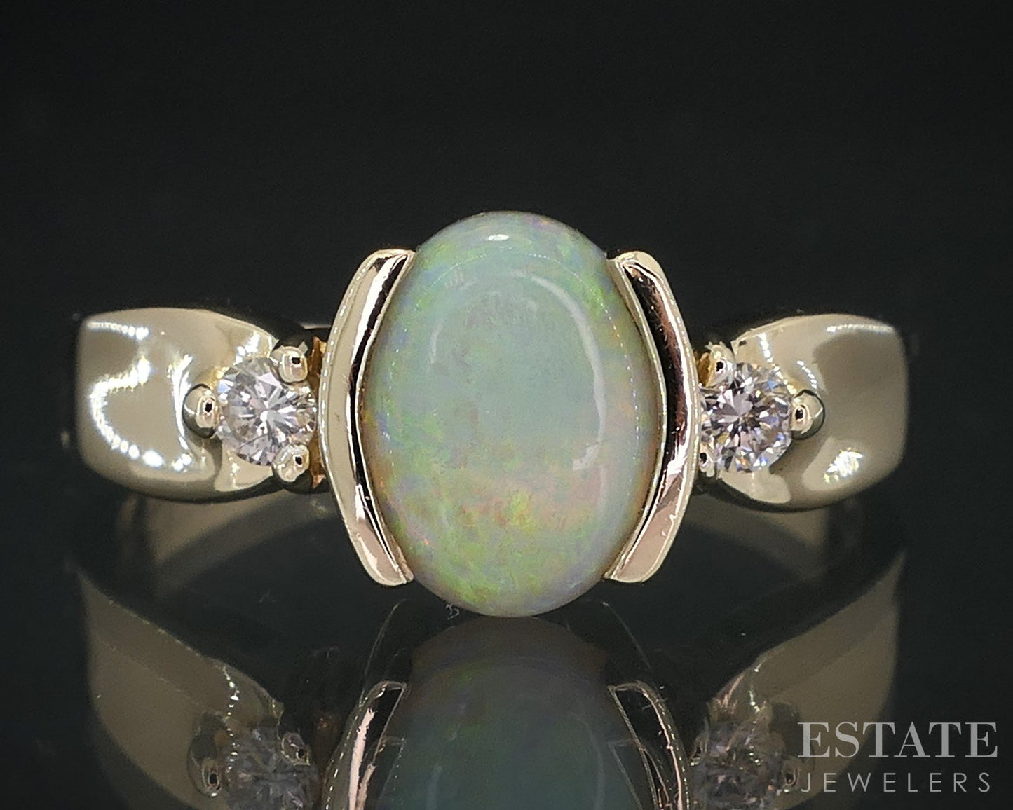 14k Yellow Gold Oval Natural Opal & Diamond Ladies Ring 3.2g i18632