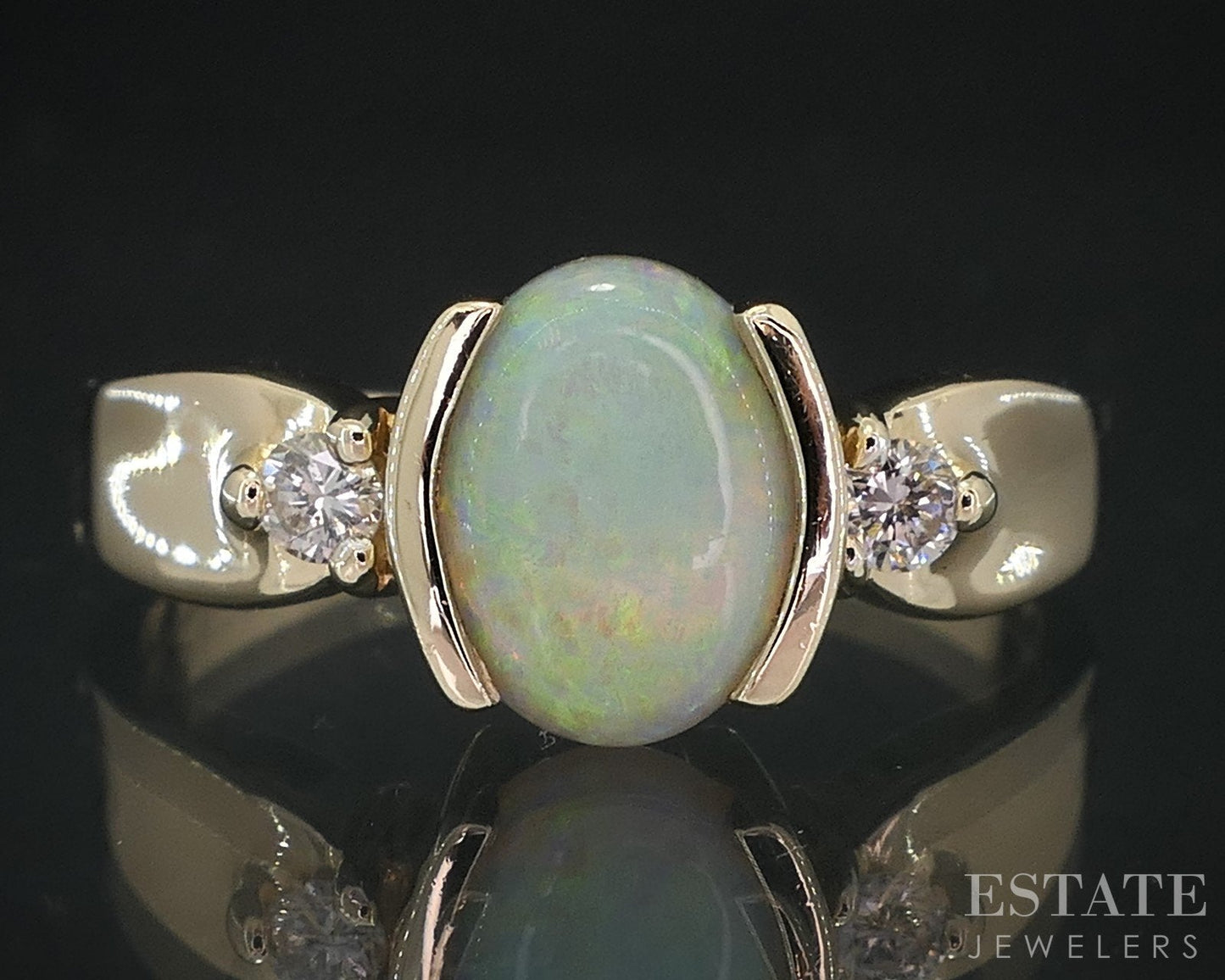 14k Yellow Gold Oval Natural Opal & Diamond Ladies Ring 3.2g i18632