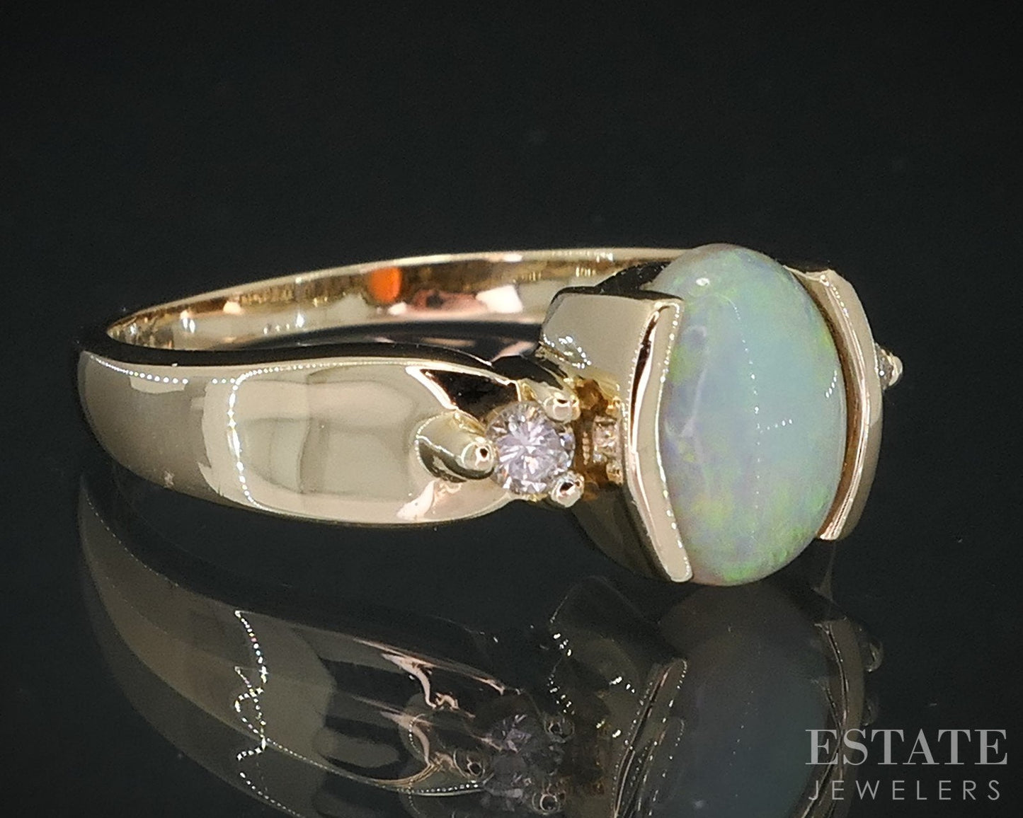 14k Yellow Gold Oval Natural Opal & Diamond Ladies Ring 3.2g i18632