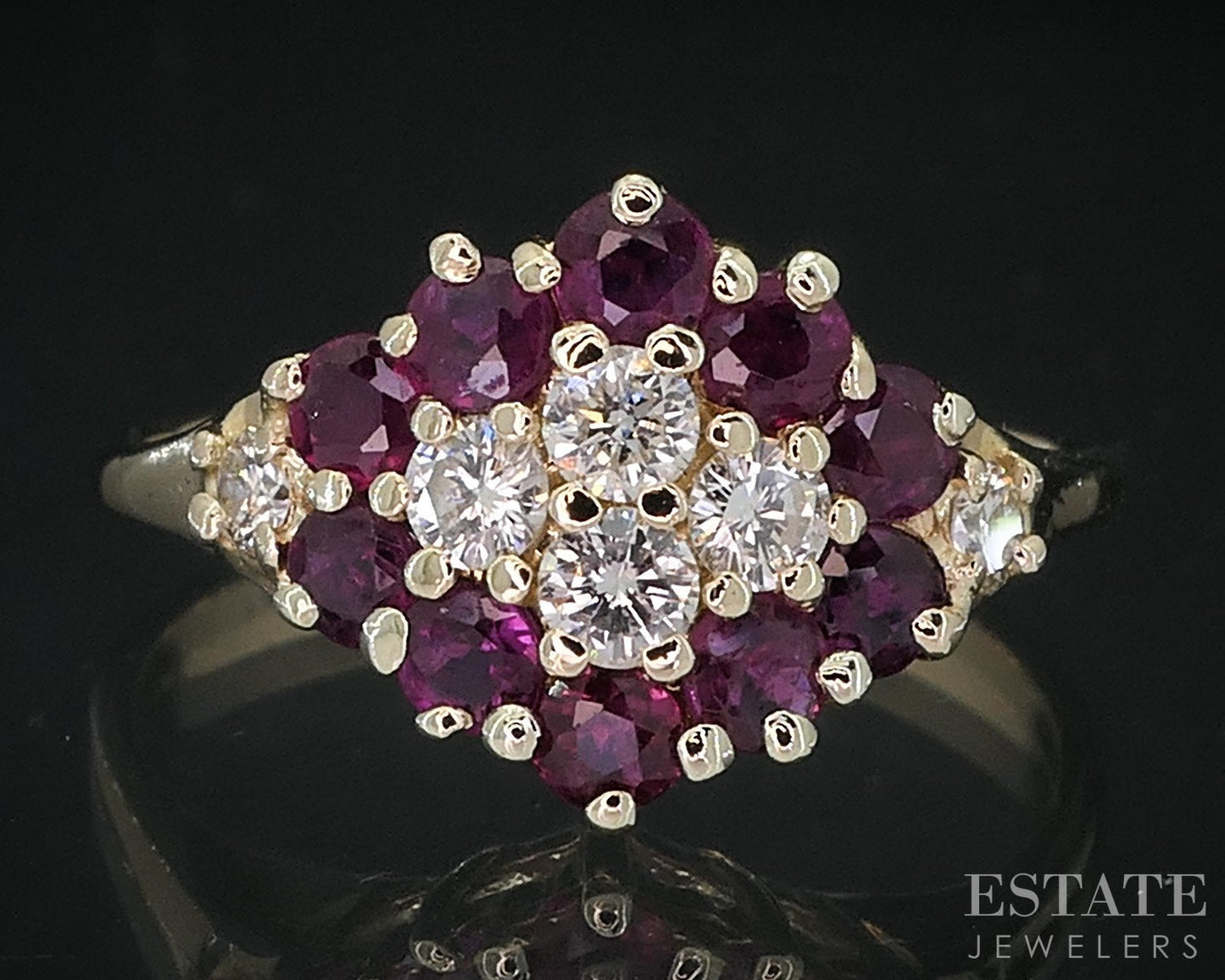 14k Yellow Gold Natural Ruby & Diamond Ladies Cluster Ring 3.3g i18630
