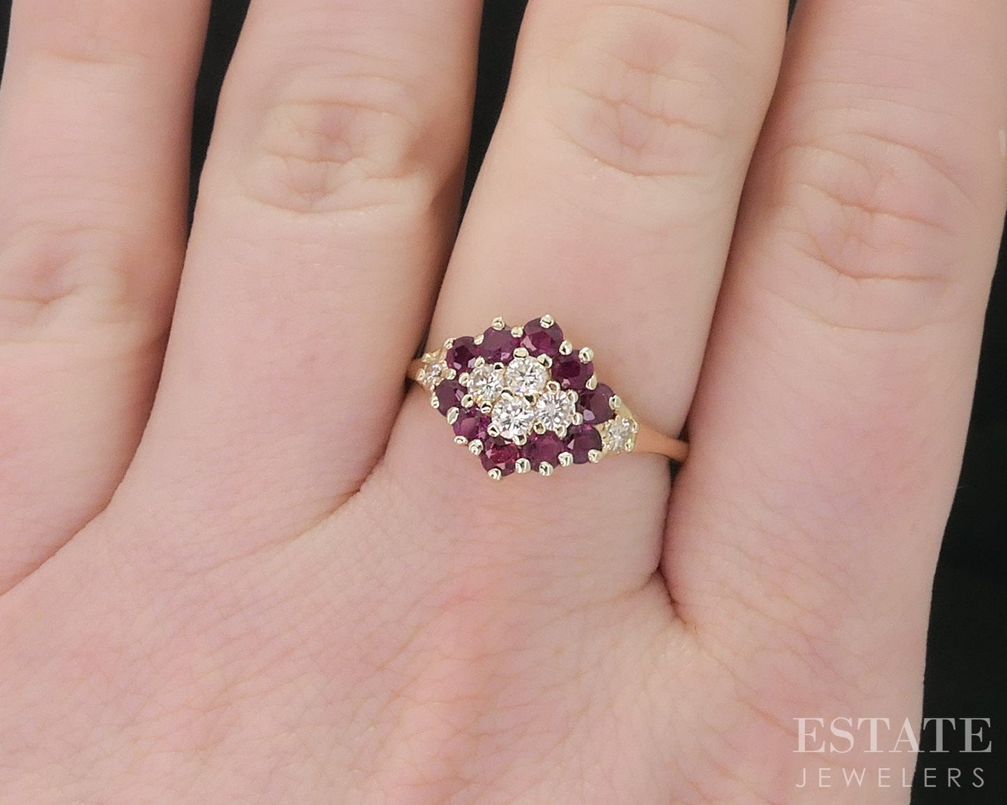 14k Yellow Gold Natural Ruby & Diamond Ladies Cluster Ring 3.3g i18630