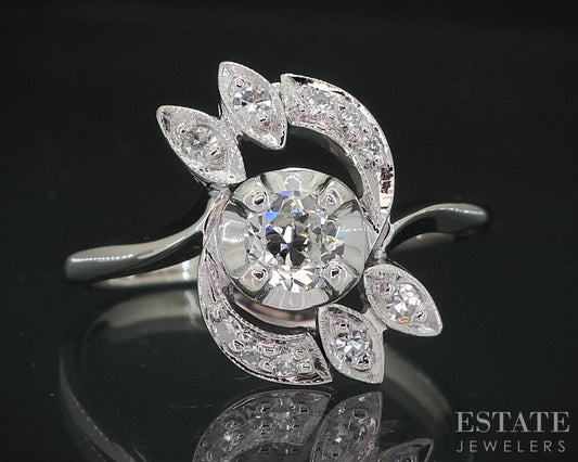 Antique 14k White Gold European Natural .31ctw Diamond Engagement Ring 3g i18645