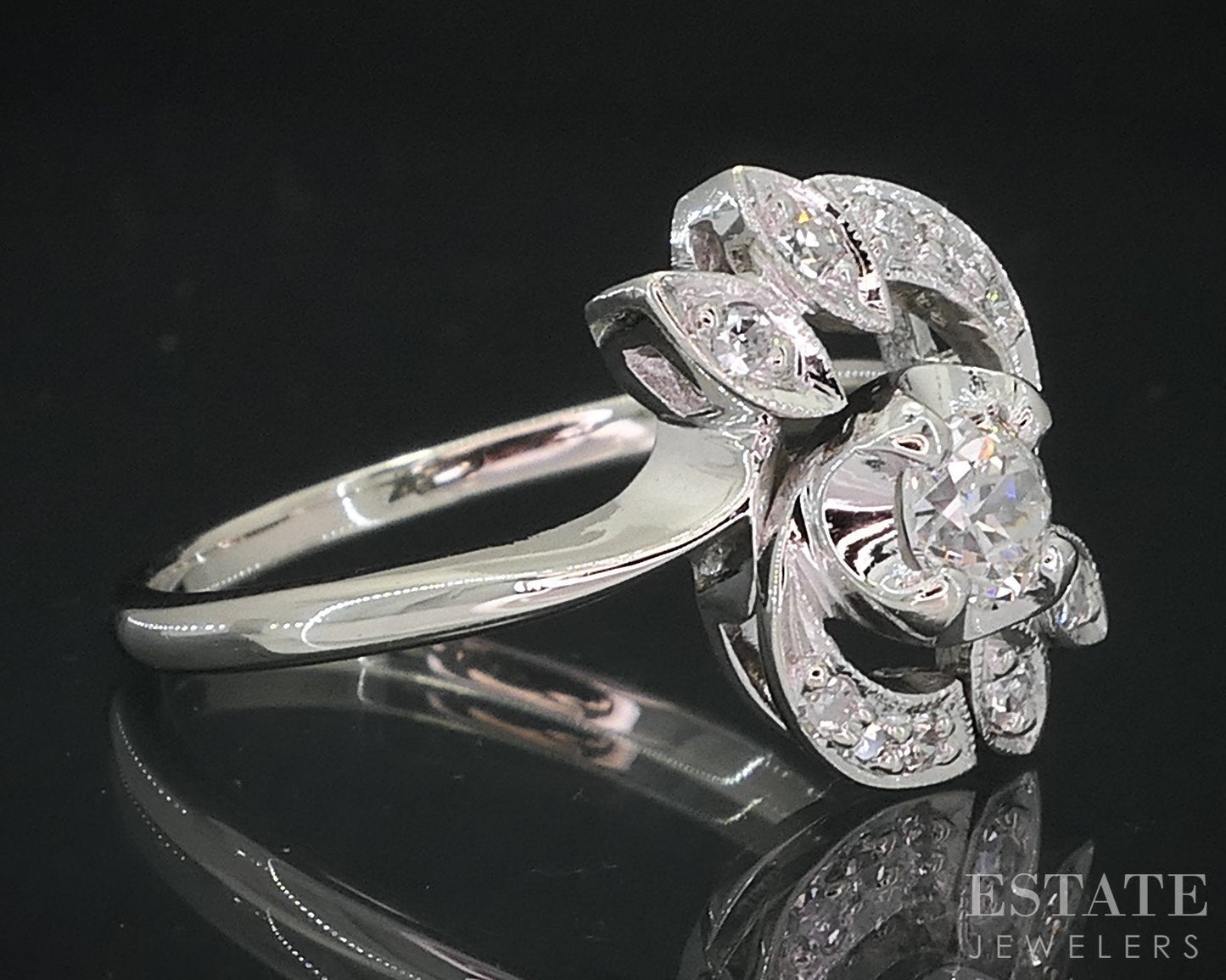 Antique 14k White Gold European Natural .31ctw Diamond Engagement Ring 3g i18645