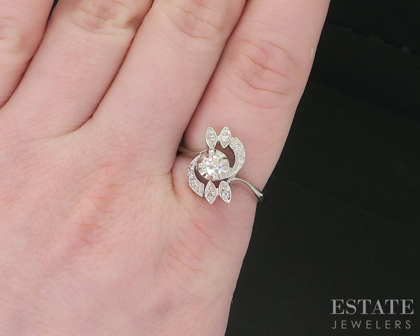 Antique 14k White Gold European Natural .31ctw Diamond Engagement Ring 3g i18645