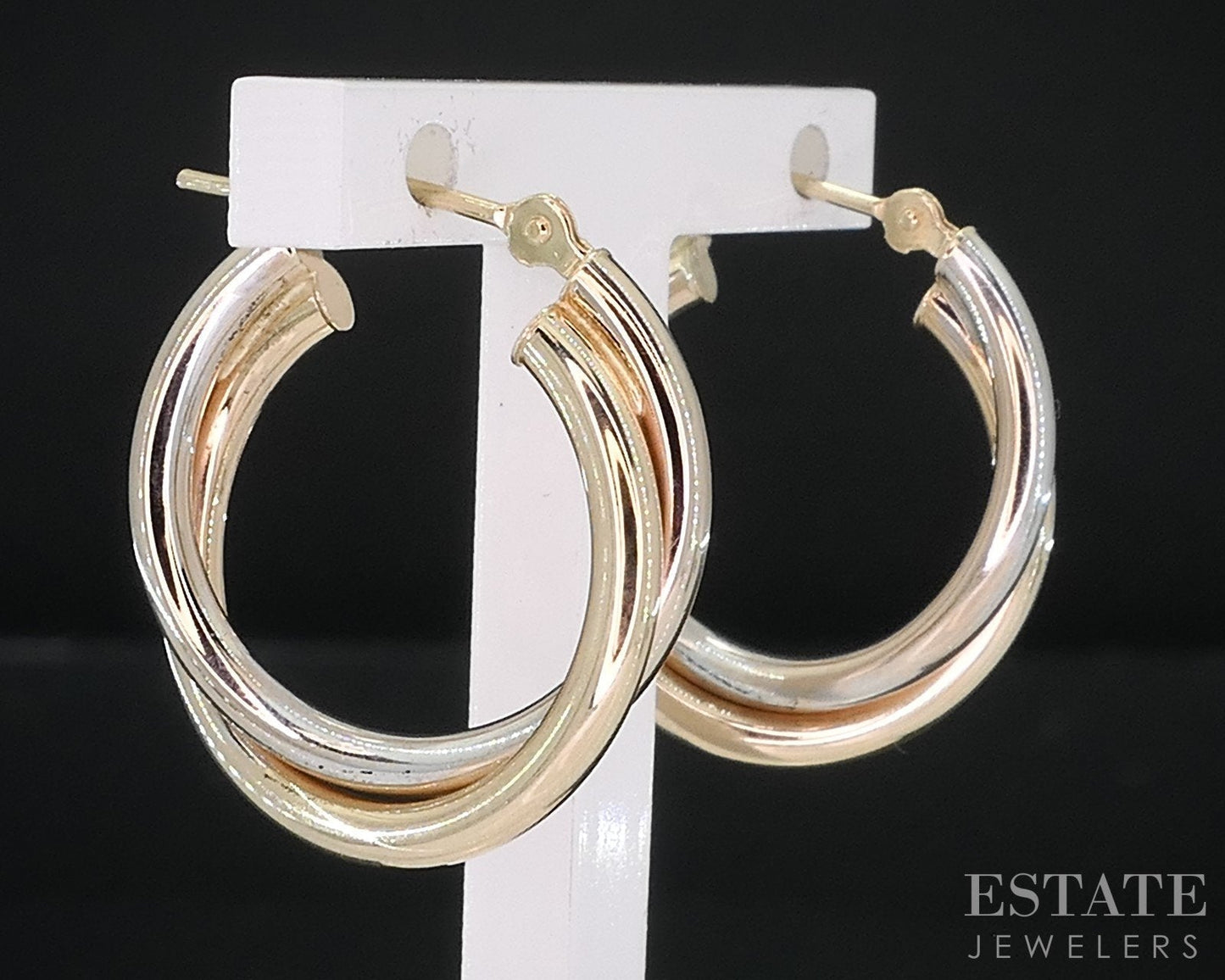 10k Yellow & White Gold Twisted Double Hoop Ladies Earrings 1.2g i18664b