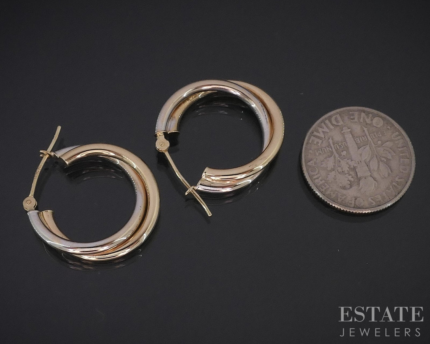 10k Yellow & White Gold Twisted Double Hoop Ladies Earrings 1.2g i18664b