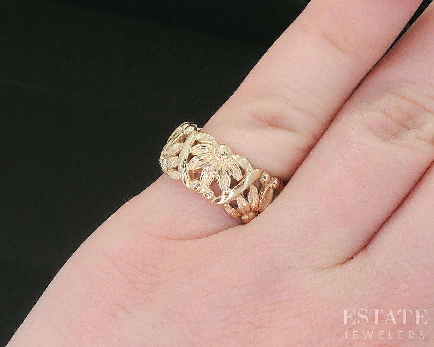 Vintage 14k Yellow Gold 9mm Sunflower Floral Ladies Band 7.7g i18663b