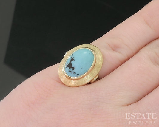 Vintage 14k Yellow Gold Oval Natural Turquoise Ladies Ring 3.2g i18661b