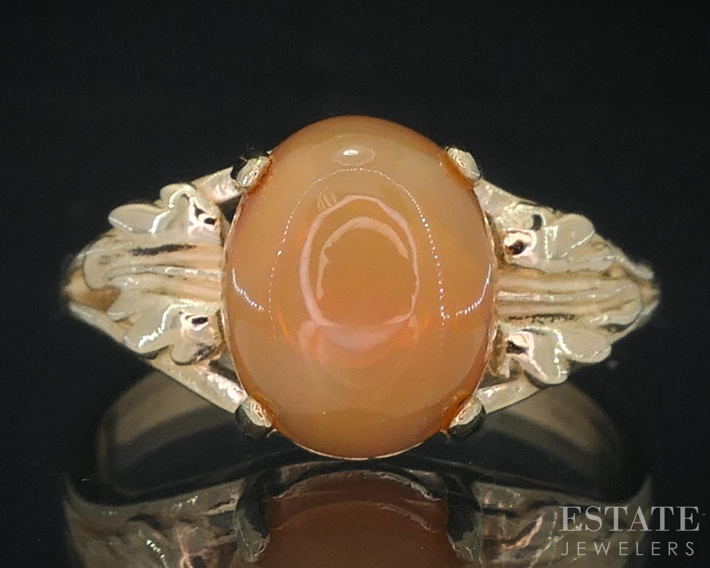 14k Yellow Gold Oval Natural Mexican Fire Opal Leafy Ladies Ring 3.3g i18692b