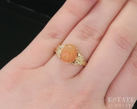 14k Yellow Gold Oval Natural Mexican Fire Opal Leafy Ladies Ring 3.3g i18692b