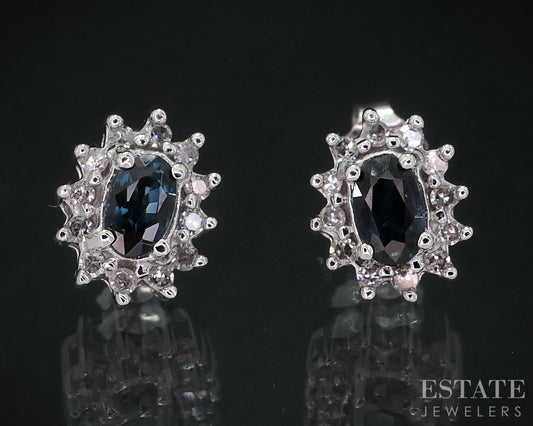 10k White Gold Natural Blue Diamond & Sapphire Halo Stud Earrings 1.8g i18684b