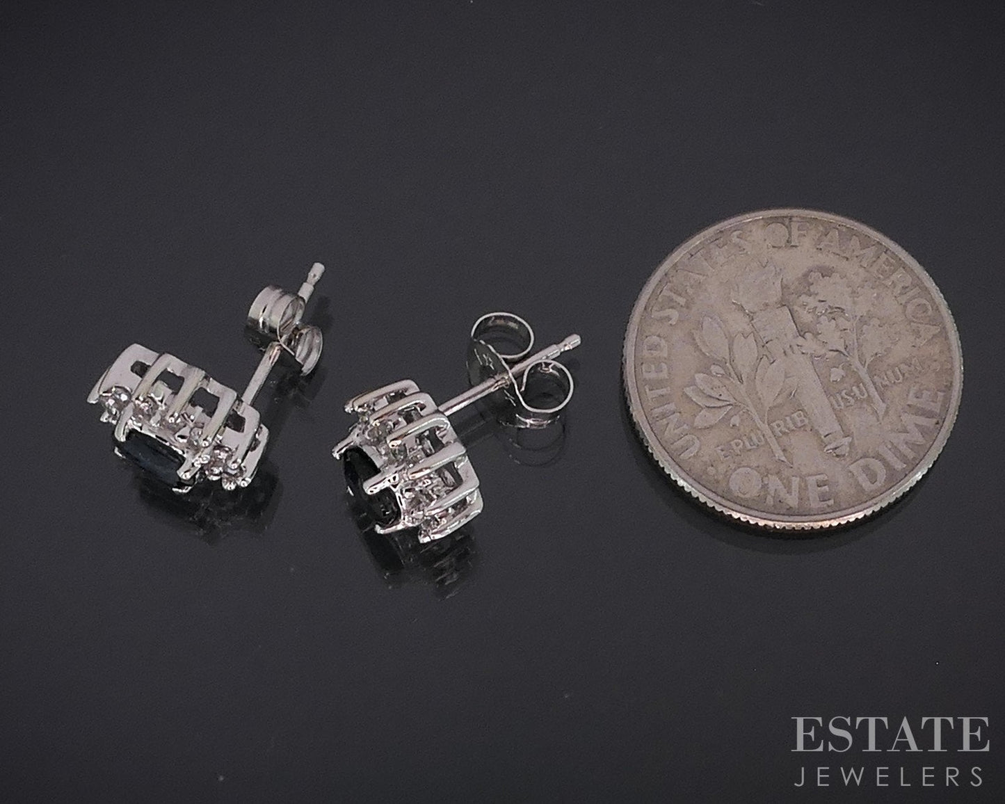 10k White Gold Natural Blue Diamond & Sapphire Halo Stud Earrings 1.8g i18684b