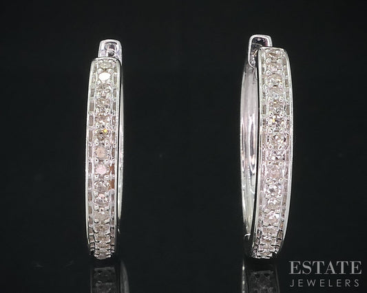 Vintage 10k White Gold Round Natural .20ctw Diamond Hoop Earrings 3.1g i18680b