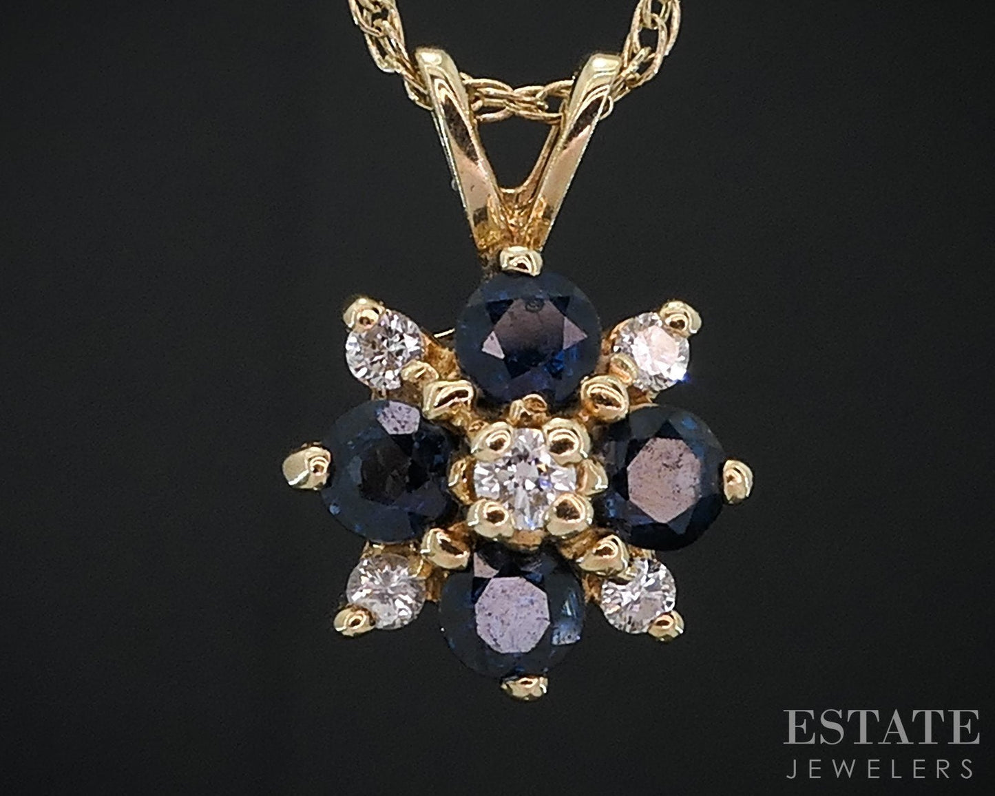 14k Yellow Gold Natural Blue Sapphire & Diamond Cluster Necklace 2g 16"L i18682b