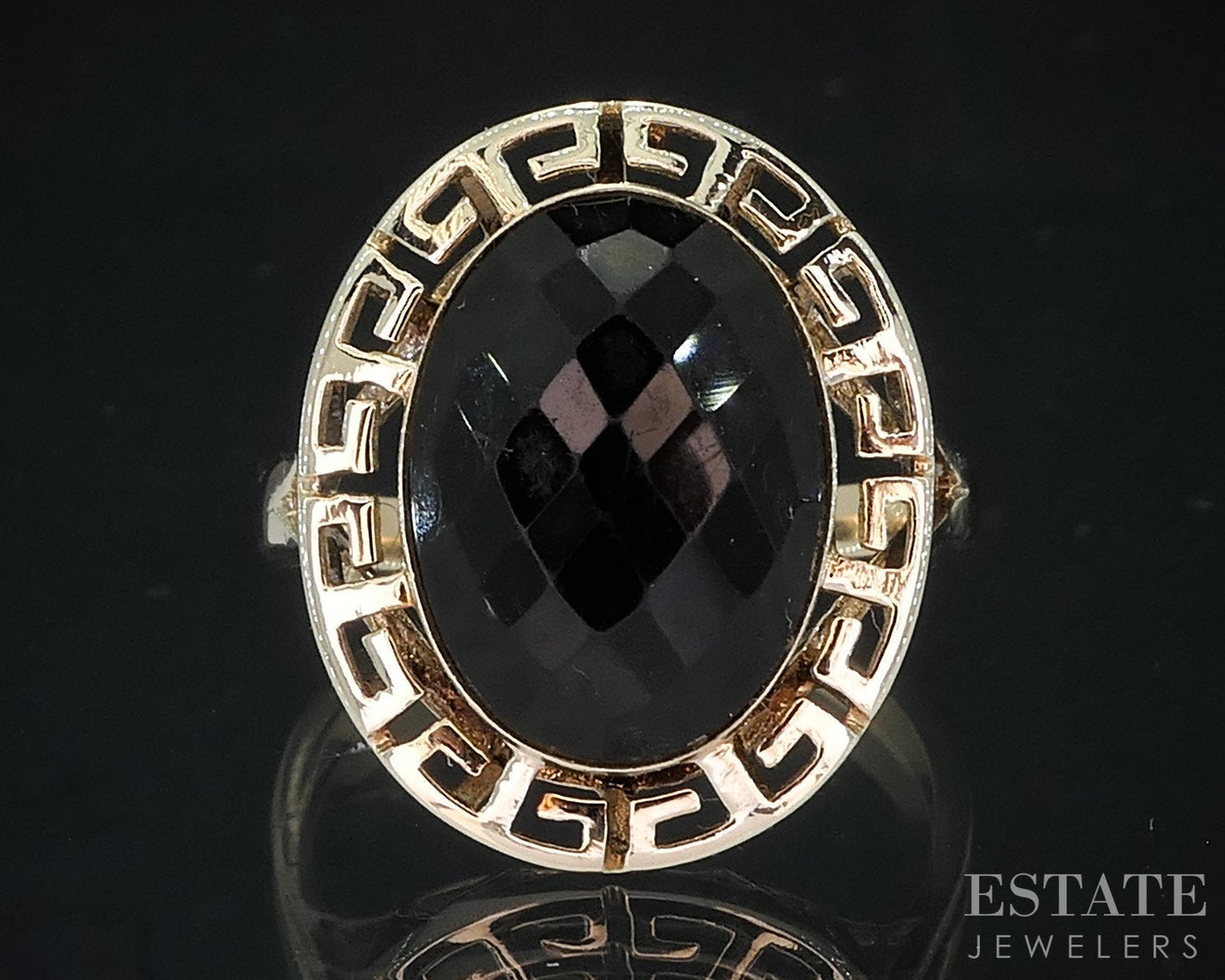 10k Yellow Gold Natural Black Onyx Greek Key Ladies Ring 3.7g i18693b