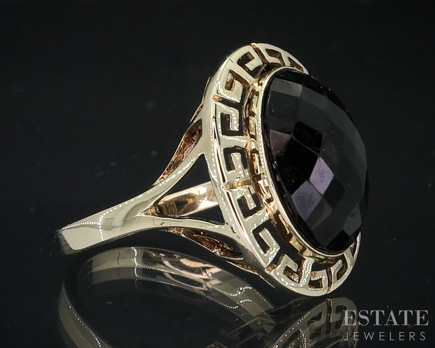 10k Yellow Gold Natural Black Onyx Greek Key Ladies Ring 3.7g i18693b