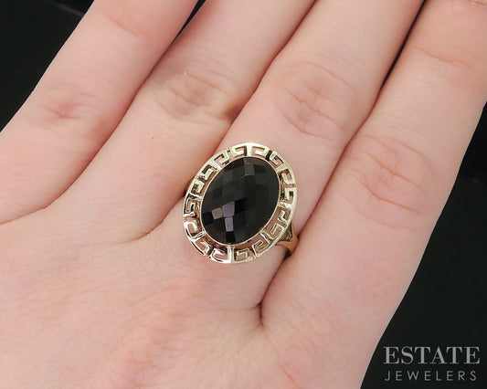 10k Yellow Gold Natural Black Onyx Greek Key Ladies Ring 3.7g i18693b