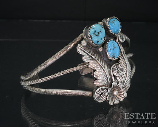 Vintage Sterling Natural Turquoise Navajo Willie Mariano Cuff Bracelet i18720