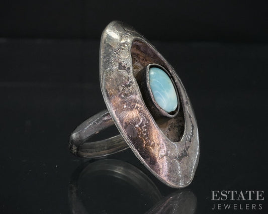 Vintage Sterling Natural Turquoise Navajo Shadowbox Signed Ladies Ring 7g i18715