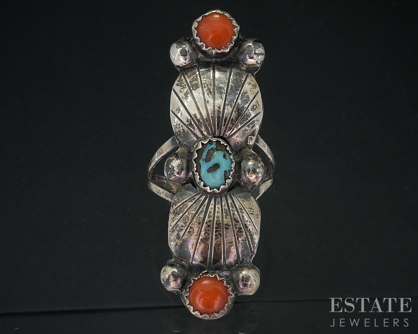 Vintage Sterling Natural Turquoise & Coral Navajo Ladies Shield Ring 6.4g i18713