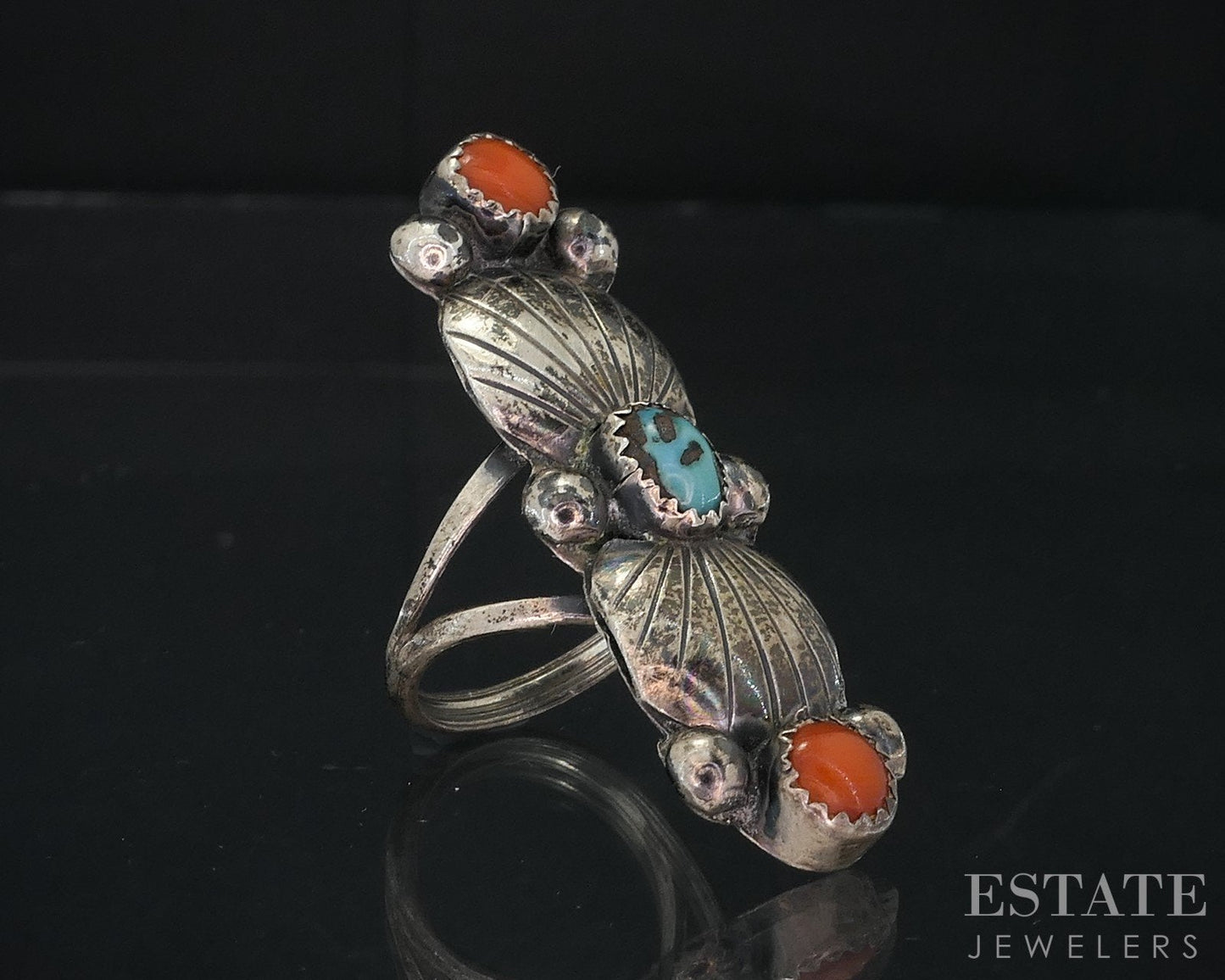 Vintage Sterling Natural Turquoise & Coral Navajo Ladies Shield Ring 6.4g i18713